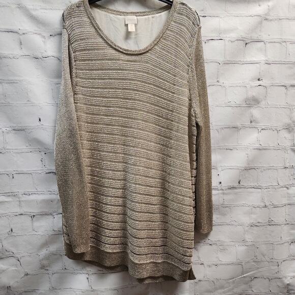 Chicos XXL Gold Metallic rayon Asymmetrical shimmer open Weave Lined sweater Top - Picture 1 of 9